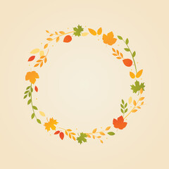 Autumn Leaves Motif, Autumn Fall Circle Emblem, Greeting Cards, Badge, Logo, Branding, Wreath Vector Illustration Background