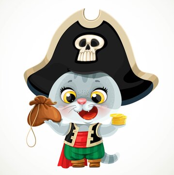 Cute cartoon baby cat dressed in pirate costume with a gold coins and big purse isolated on a white background
