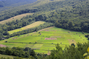 weathering of hay, haystacks in the field. idyllic country landscapes on a sunny day. beautiful rural landscape of the Carpathian mountains