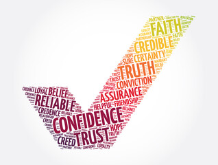 Confidence check mark word cloud collage, concept background