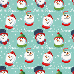 Cute snowman hand drawn vector seamless pattern