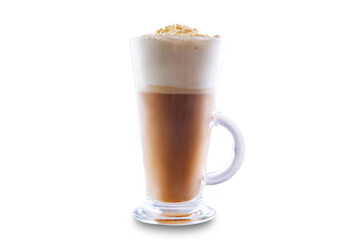 Coffee drink with whipped cream in glass on a white isolated background