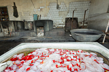 Silk factory with silk threads in water to be dyed, in Margilan, Uzbekistan