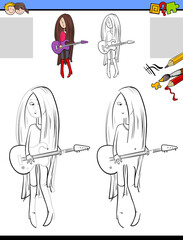drawing and coloring task with girl playing guitar