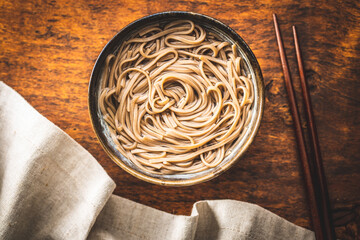 Cooked soba noodles. Traditional asian pasta.