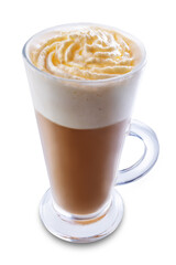Coffee drink with whipped cream in glass on a white isolated background