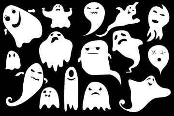 Monochrome ghost apparition spook horror set. Costume evil or Character creepy funny cute. Party celebrate Halloween night holiday. 