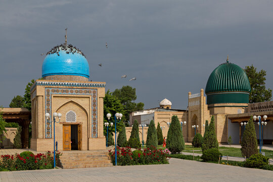 Memorial complex of Pir Siddik with pigeons on its dome, in the Fergana valley, Uzbekistan.