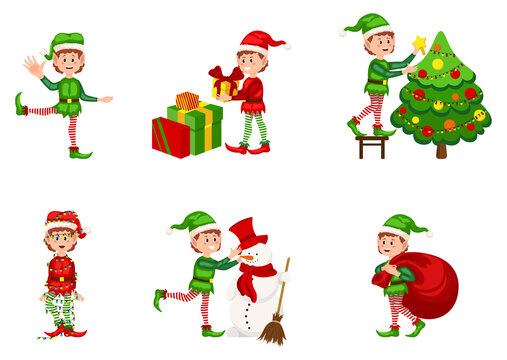 Christmas elf vector character set. Boy elves with green costume holding gifts and playing. Bundle of little Santa's helpers holding holiday gifts and decorations.