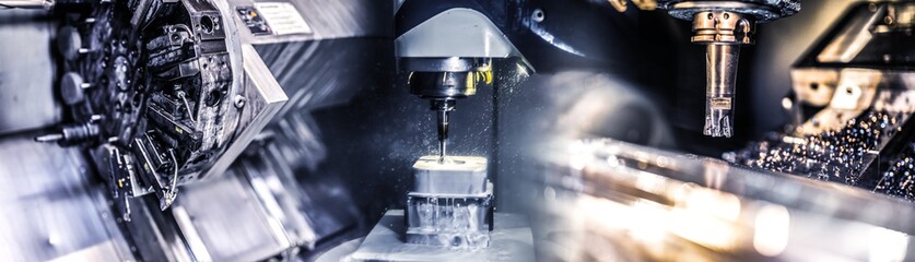 Fototapeta Industrielle CNC Fräsmaschine bearbeitet Metallblock aus Edelstahl in der Industrie - Industrielle Fertigung  mit dem Fräser obraz
