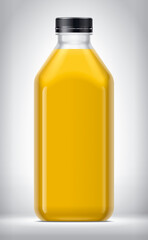 Plastic Bottle on background with Orange Juice. 