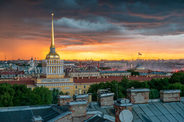 Saint Petersburg, Russia. Storm clouds on the horizon, beautiful cityscape in a thunderstorm at sunset. View of the Admiralty and the city - 377209285