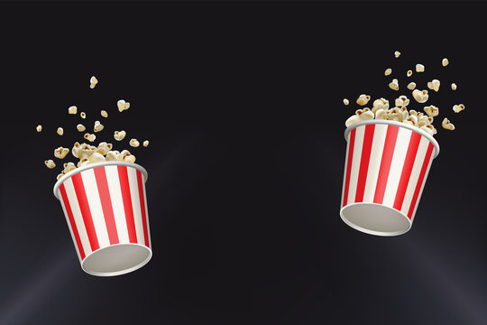 Popcorn splash movie round bucket cup. Realistic vector banner cinema pop corn paper bowl red white box. Blow up flying pop corn. Oops fall down. Isolated advertisemnt illustration