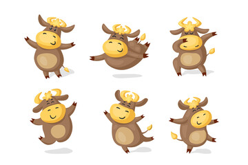 Cute cartoon bulls jumping and dancing. Vector set of illustrations isolated on white background.