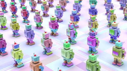 Rows of colorful robots in factory