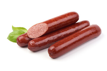 German grilled pork sausages with basil, isolated on white background