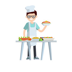 Flat Man cook holding plate of food. Table with delicious meal and dishes. Chef and waiter at work in restaurant and cafe. Element of kitchen. Cartoon illustration. Guy in white apron