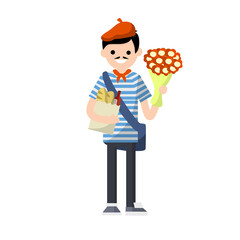 Cartoon flat illustration - young guy in striped clothes and beret.man with a bouquet of flowers, paper bag with a bottle of wine, bread baguette. Typical French European. Frenchman with a mustache