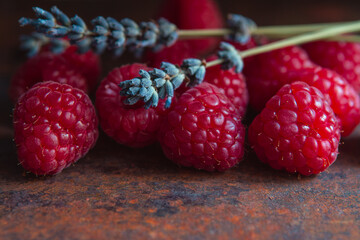 Raspberries and dry lavender sprigs on a rough surface