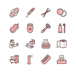 Personal hygiene products flat line icon set. Pink color. Hygiene for girls. Editable strokes.