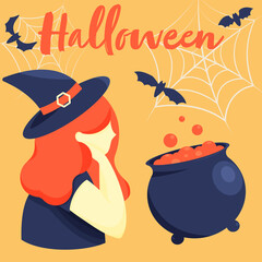 Lettering Halloween, witch with witch's cauldron, bats, cobwebs. A woman in a witch hat, vector flat cartoon illustration. Cauldron of potion. Halloween night party, holiday vibes. Warm autumn mood.
