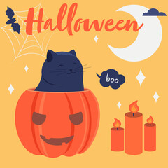 Lettering Halloween, Cute smiling cat sits in a pumpkin, candles, moon, stars, bat on yellow background. Orange pumpkin with cut eyes and mouth. Halloween night party, holiday vibes. Vector cartoon.