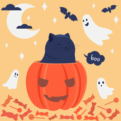 Cute smiling cat sits in a pumpkin on candy with ghosts, bats, moon and stars. Crescent moon with clouds. Boo text. Orange pumpkin with cut eyes and mouth. Halloween night party, holiday vibes.Vector.