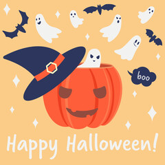 Lettering Happy Halloween. A pumpkin in a witch hat, with ghosts, stars, bats, Boo text. Vector flat cartoon illustration. Orange pumpkin with cut eyes and mouth. Halloween night party, holiday vibes.