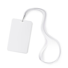 Clear plastic badge id card with white neck lanyard. Realistic vector illustration - obrazy, fototapety, plakaty