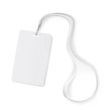 Clear plastic badge id card with white neck lanyard. Realistic vector illustration