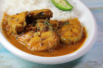 A platter of North Indian style Fish curry with Rice
