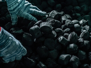Coal mining - Man's hands in gloves holding natural black coals for background. Picture idea about...