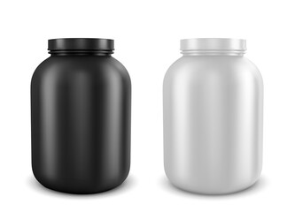 Vector realistic illustration of cans with types of sports nutrition. Vector illustration