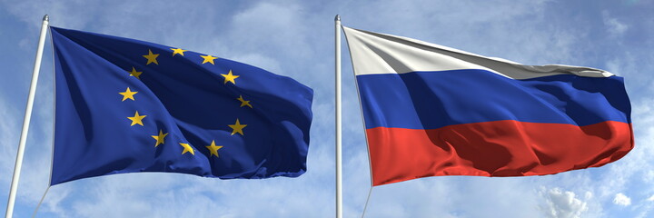 Flying flags of the European Union and Russia on high flagpoles. 3d rendering