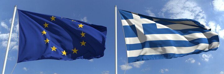 National flags of the European Union and Greece, 3d rendering