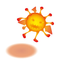 Ein fliegender bösartiger oranger Virus auf weißem Hintergrund.