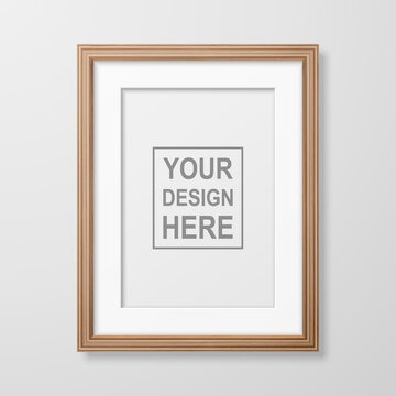 Vector 3d Realistic A4 Decorative Brown Wooden Simple Modern Frame for Presentation on a White Wall Background. Design Template for Mockup, Front View