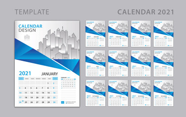 Calendar 2021 template, Set Desk Calendar design with Place for Photo and Company Logo. Wall calendar. Week Starts on Sunday. Set of 12 Months.