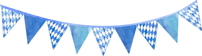 Watercolor bavarian traditional flag illustration.  Hand drawn white and blue triangular garland elements isolated on white background.  © Svetlana
