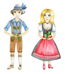 Watercolor bavarian traditional decorative folk elements. Hand drawn people in national costumes. German festival illustration isolated on white background.