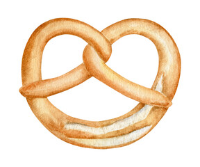Watercolor german tradition baked pastry (pretzel, brezel) illustration. Hand drawn oktoberfest food isolated on white background. 