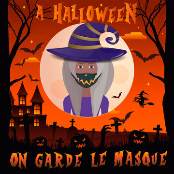 carte ou bandeau  sur la fête Halloween cette année on garde le masque  avec une sorcière masquée au centre et autour un chateau hanté, une sorcière sur son balai, des chauves souris, des citrouilles
