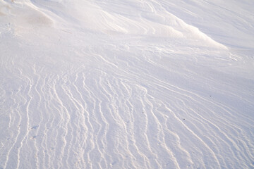 The weathered surface of the snow cover of the field in the light of the setting sun as background