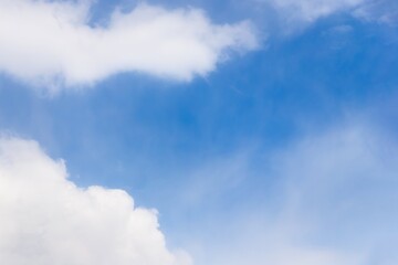 Beautiful white fluffy clouds on a blue sky background, copy space
