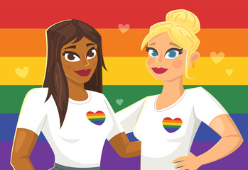 Two beautiful girls on LGBT flag. Vector illustration