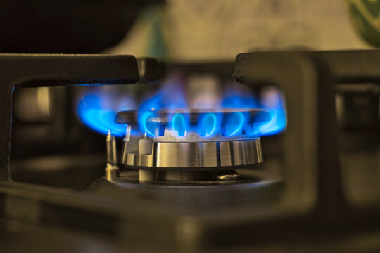 Natural Gas Burning By Blue Flames In Kitchen Stove. Food Cooking At Home Concept.