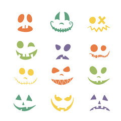 Set of Halloween faces with different emotions of joy, curiosity, fear, surprise, horror, fun, sadness, happiness. Cartoon colored icons. Doodle style.