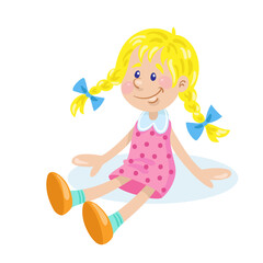 Kids toys. Сute funny doll. In cartoon style. Isolated on white background. Vector flat illustration.