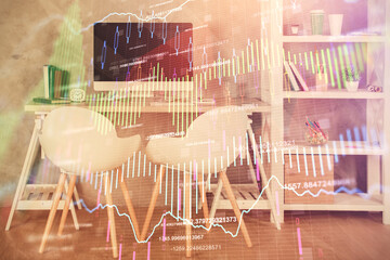Multi exposure of stock market chart drawing and office interior background. Concept of financial analysis.
