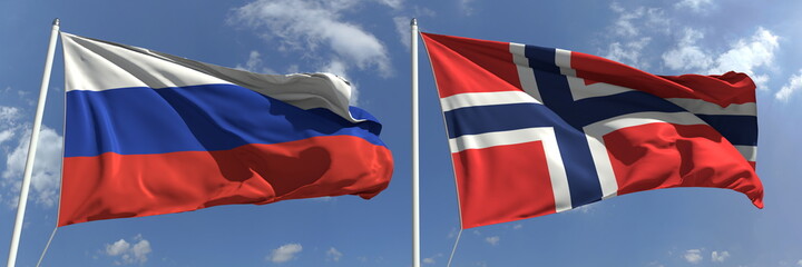 Waving flags of Russia and Norway on flagpoles, 3d rendering